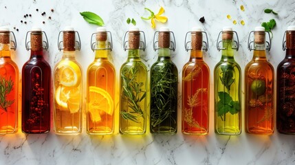  a row of bottles filled with different types of liquid and herbs on top of a marble counter top with leaves and flowers on top of the bottles are lined up in a row. - obrazy, fototapety, plakaty