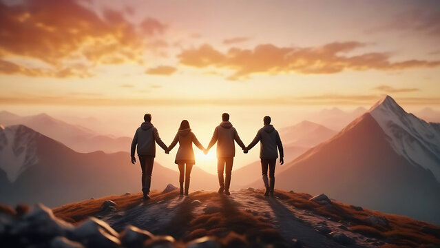 Panoramic View Of Team Of People Holding Hands And Helping Each Other Reach The Mountain Top In Spectacular Mountain Sunset Landscape