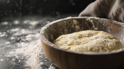  a close up of a dough in a wooden bowl on a table with flour sprinkled on the table and a bag of flour on the side of the table.