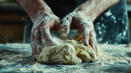  a close up of a person kneading dough on a table with flour on it and a pair of hands holding a doughnuts in the middle of the dough.
