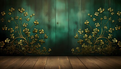 Rustic charm meets festive luck with golden and green shamrocks strewn across a vintage wooden background - obrazy, fototapety, plakaty