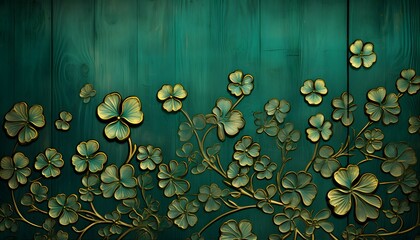 Rustic charm meets festive luck with golden and green shamrocks strewn across a vintage wooden background