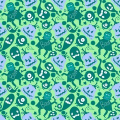 Halloween cartoon doodle seamless vampire and monsters and pumpkins and ghost pattern for wrapping paper