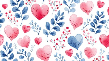 Playful Heart Foliage Pattern - Light-hearted Romance with Pink Blossoms, Valentine's Day Concept