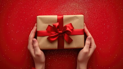 Anticipation of Gift Giving - Hands with Kraft Paper Wrapped Present, Valentine's Day Concept