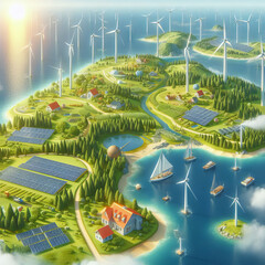 Illustration of wind generators and solar panels on the land