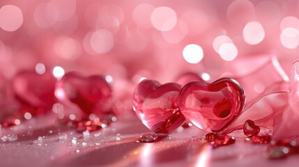 Glossy Hearts and Silky Ribbon - Romantic Pink Shades Scene, Valentine's Day Concept