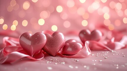 Glossy Hearts and Silky Ribbon - Romantic Pink Shades Scene, Valentine's Day Concept