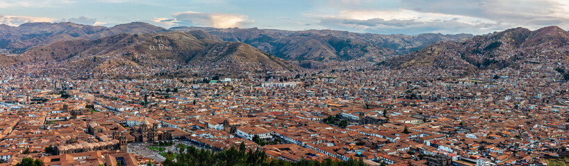Panoramic City view of Cusco from Saqsayhuaman ruins in the hills .Peru .South America.