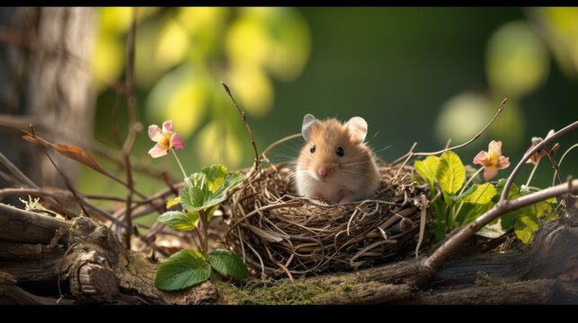  a small rodent sitting in a nest on top of a tree branch with a flower growing out of it's center and another rodent in the background.