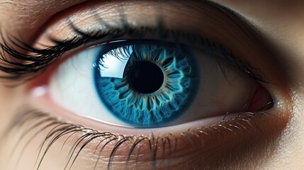 Beautiful eye close up image. Blue eye macro. Black eyelashes. AI Generated