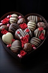 Luxurious Chocolate Assortment in Heart Box - Dark, Velvety Background Setting, Valentine's Day Concept