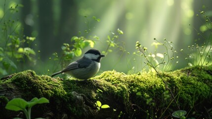  a small bird perched on a mossy log in the middle of a forest with sunlight streaming through the trees and the leaves on the mossy surface of the ground. - obrazy, fototapety, plakaty