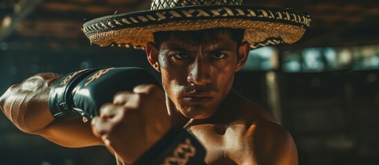 Image of a Mexican fighter posing in battle stance.