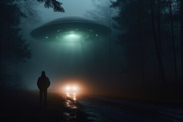 Fototapeta premium Man encounters aliens in foggy forest road at night.
