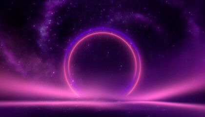 Abstract futuristic landscape, neon circle. Purple and pink neon, nebula.