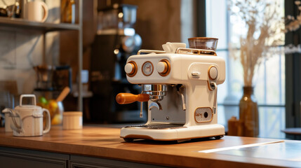 Fototapeta premium a white coffee maker sitting on top of a wooden counter next to a coffee pot and a cup on top of a saucer on a counter top of a counter.