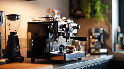  an espresso machine sitting on top of a counter next to a coffee pot and a cup of coffee on a saucer next to the espresso machine.