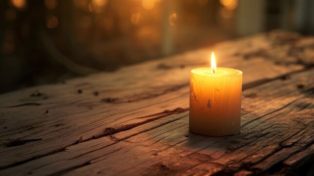 a close up of a lit candle on a wooden table with the sun shining through the trees in the backgrouds of the picture and a blurry background.