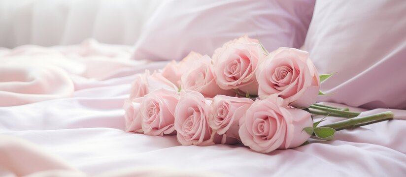 Romantic view pink roses bouquet on the white bed sheets in bedroom decoration. Generate AI image