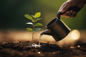 Human hand pours water on a small plant. Germination, gardening concept. Generative AI. - Powered by Adobe