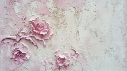  a painting of pink and white flowers on a white and pink wall painted with acrylic paint and a spray of paint on the wall with white paint chipping.