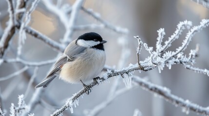 Naklejka premium a small black and white bird perched on a branch of a tree covered in frosted branches and branches with small white and black patches of snow on the branches.