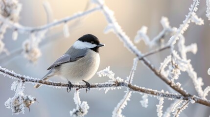 Naklejka premium a small bird perched on a thin branch of a tree covered in ice - covered branches and ice - covered branches are in the foreground, while the background is a blurry.