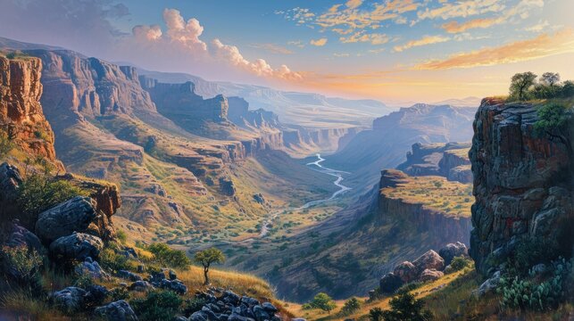  a painting of a canyon with a river running through it and mountains in the distance with a sky filled with clouds and sun shining down on the top of the valley.