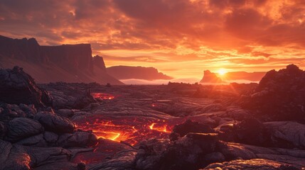  the sun is setting over a rocky area with lava and rocks in the foreground and a mountain range in the distance, with a body of water in the foreground.