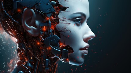 Artificial intelligence concept. Beautiful female android of the future. Face of a robot. AI Generated