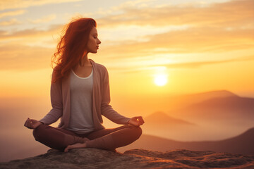 Woman in Meditation and Practicing Yoga in the Middle of Nature Theme of Serenity, Well-Being, Mental Health and Travel Escapes