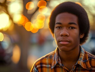 Photorealistic Teen Black Man with Brown Straight Hair vintage Illustration. Portrait of a person in 1970s era aesthetics. Disco fashion. Historic photo Ai Generated Horizontal Illustration.