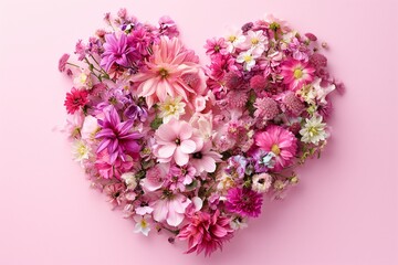 Fototapeta premium Heart made of flowers on a pink background. Love holiday concept