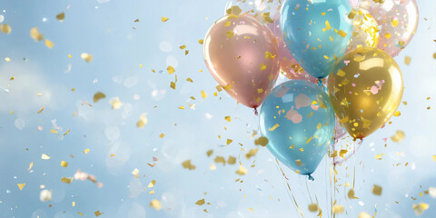 Bouquet of realistic transparent, gold, light pink and light blue balloons - obrazy, fototapety, plakaty