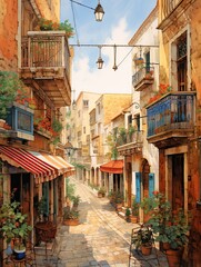 Fototapeta na wymiar Nostalgic European Street Scenes: Vintage Art Print of Mediterranean Moments