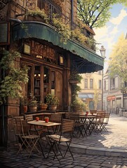 Fototapeta na wymiar Nostalgic European Street Scenes: Vintage Landscape Exposing Cafe Corners