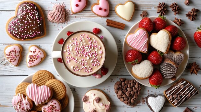 Valentine's Day Themed Feast Overhead - Heart Treats on Rustic Wood, Valentine's Day Concept