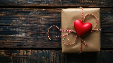 Heartfelt Gift on Rustic Wood - Kraft Paper-Wrapped Box, Valentine's Day Concept