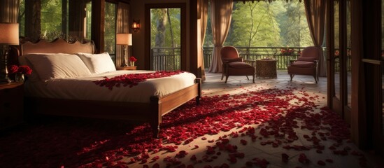 Rose flower petals on the bed in the bedroom for romantic view concept. Generate AI image