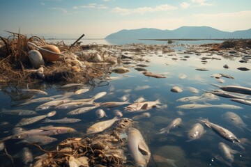 Dead fish in the water of the ocean or sea. Ecologic disaster. Environment concept. AI Generated