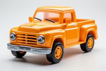 Yellow toy truck isolated on a white background. Side view. Cartoonish childrens car. Concept of kids toys, playful designs, transport-themed playthings, and bright colors.