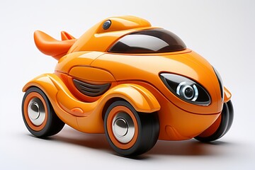 Fantasy orange toy car isolated on a white background. Cartoonish vehicle designed for children. Concept of kids friendly toys, playful designs, transport-themed playthings, and bright colors