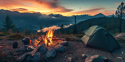 Camp fire and tea pot tent and mountains - obrazy, fototapety, plakaty
