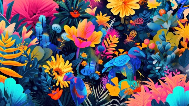  a painting of colorful flowers and plants with a bird sitting on the top of the flowers in the middle of the picture and a zebra in the middle of the picture.