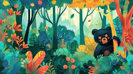  a black bear standing in the middle of a forest filled with lots of plants and trees and surrounded by yellow, orange, green, and red flowers and orange leaves.