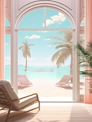 Pastel Beachside Vibes: Vintage Art Print of a Relaxing Resort
