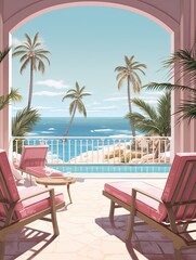 Fototapeta na wymiar Pastel Beachside Vibes: Vintage Art Print of a Relaxing Resort Rendered