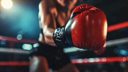 Boxer in a ring with focus on a red boxing glove, blurred arena lights. Concept of competitive...