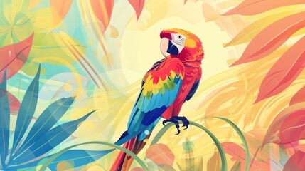 a colorful parrot sits on a branch in front of a background of tropical plants and leaves, with a yellow and blue bird in the middle of the foreground.